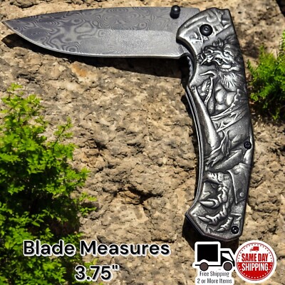 Were Wolf 3-D Stone Wash Design Semi Assisted Folding Pocket Knife Handle 4.50''
