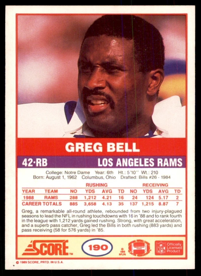 1989 Score Greg Bell A Football Cards #190 - Image 2 of 2