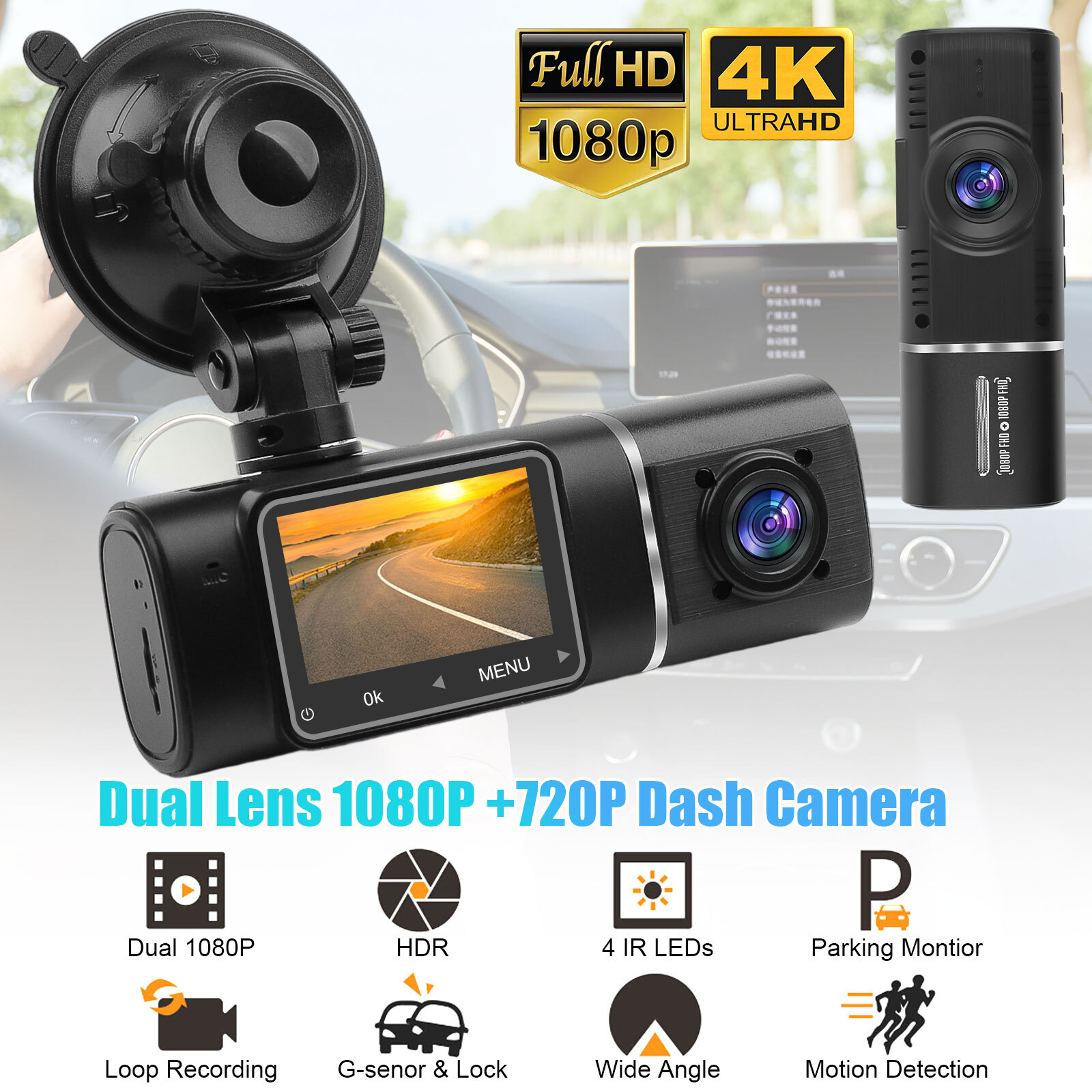 4K Dual Lens Dash Cam with Front and Rear FHD 1080P Car DVR Video Recording