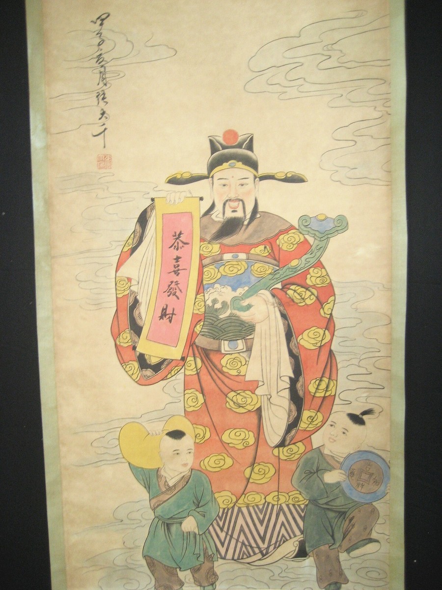 Chinese Old Hand Painting Scroll Immortal Wealth Portrait By Zhang