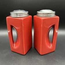 OGGI Red Salt & Pepper Shakers Tall Square Ceramic Built-In Handles 6"