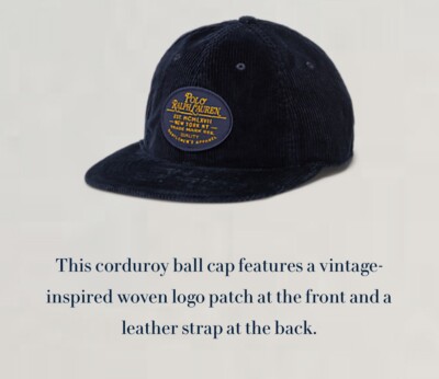 Polo Ralph Lauren Logo Patch Corduroy Ball Cap Leather Strap