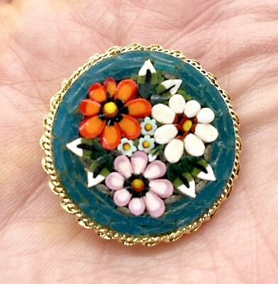 Italian Micro Mosaic Pin Brooch Stamped Italy Colorful Daisy