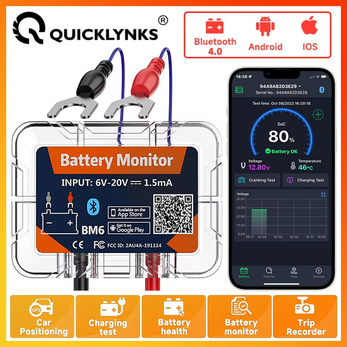 QUICKLYNKS BM6 BT 4.0 Car Battery Monitor 12V Tester Charging Cranking Analyzer