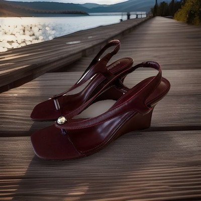 Burgundy Sculptural Wedge Heel Slingback Sandals   Y2K Minimalist Style