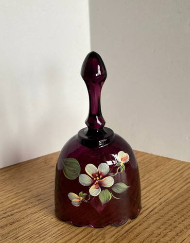 Fenton Glass Amethyst Diamond Optic Bell Painted Flowers Scallop Ruffle Edge