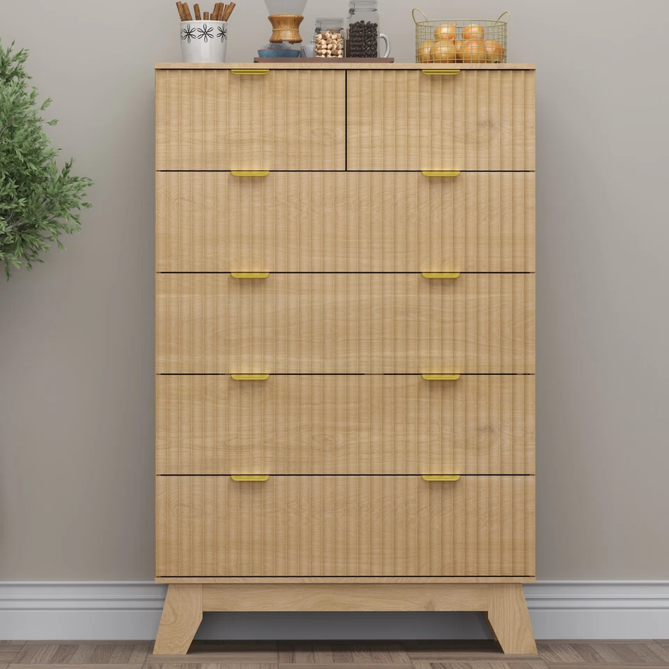 Fluted 6 Drawers Dresser with Metal Handle, Curved Profile Design for Bedroom - Image 2 of 4