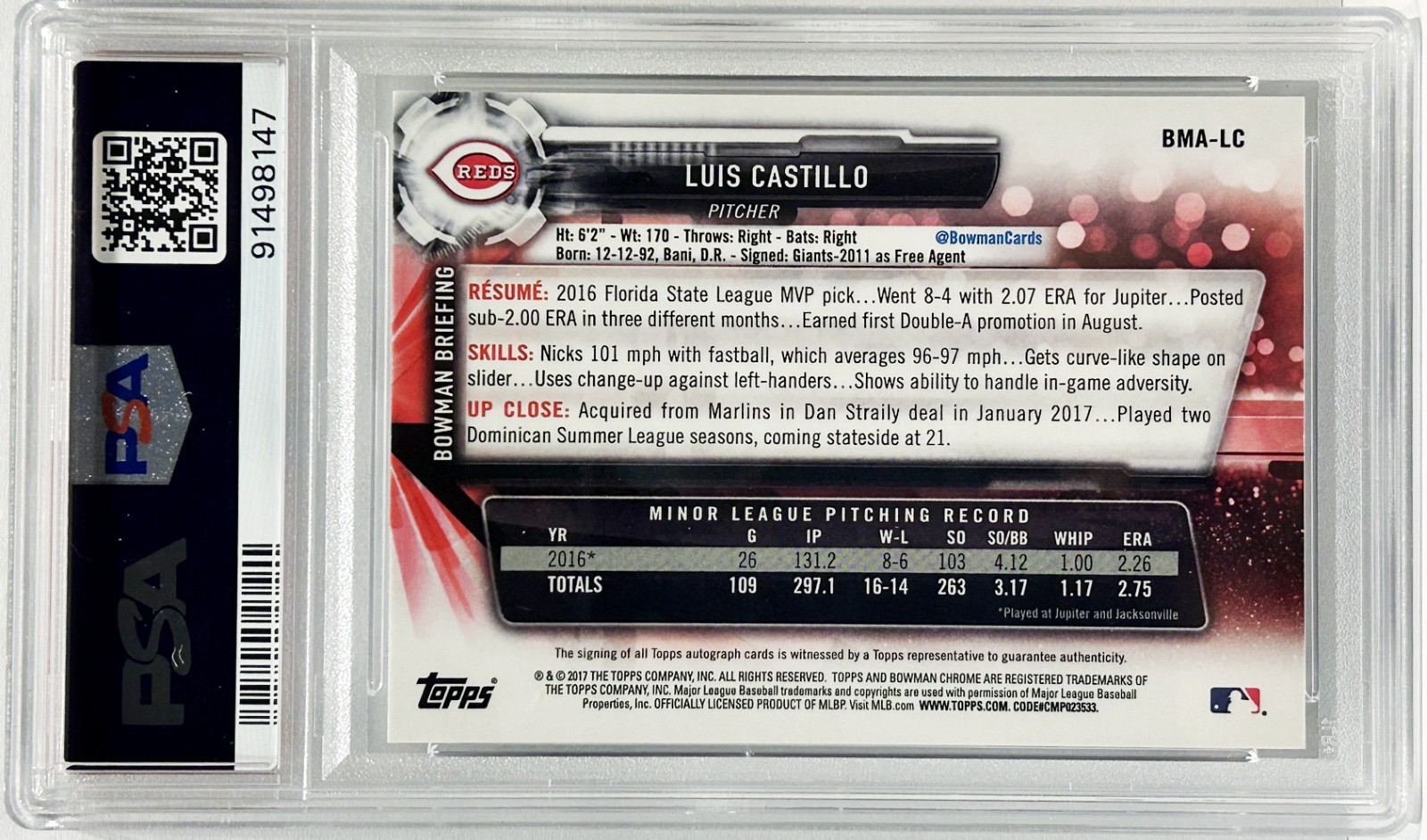 2017 Bowman Chrome Mega Box Luis Castillo RC Refractor PSA 9 Mint On-Card Auto view 2