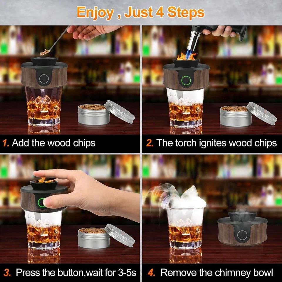 Kit de ahumador de whisky eléctrico con antorcha-6 sabores astillas de madera, infu ahumador de cóctel Foto 4 de 4