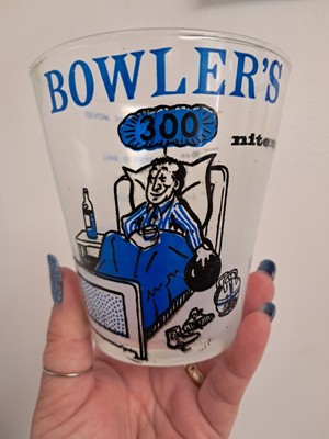 Vintage 1960's Bowler's 300 Nite Cap Glass Blue Frosted Measuring Funny