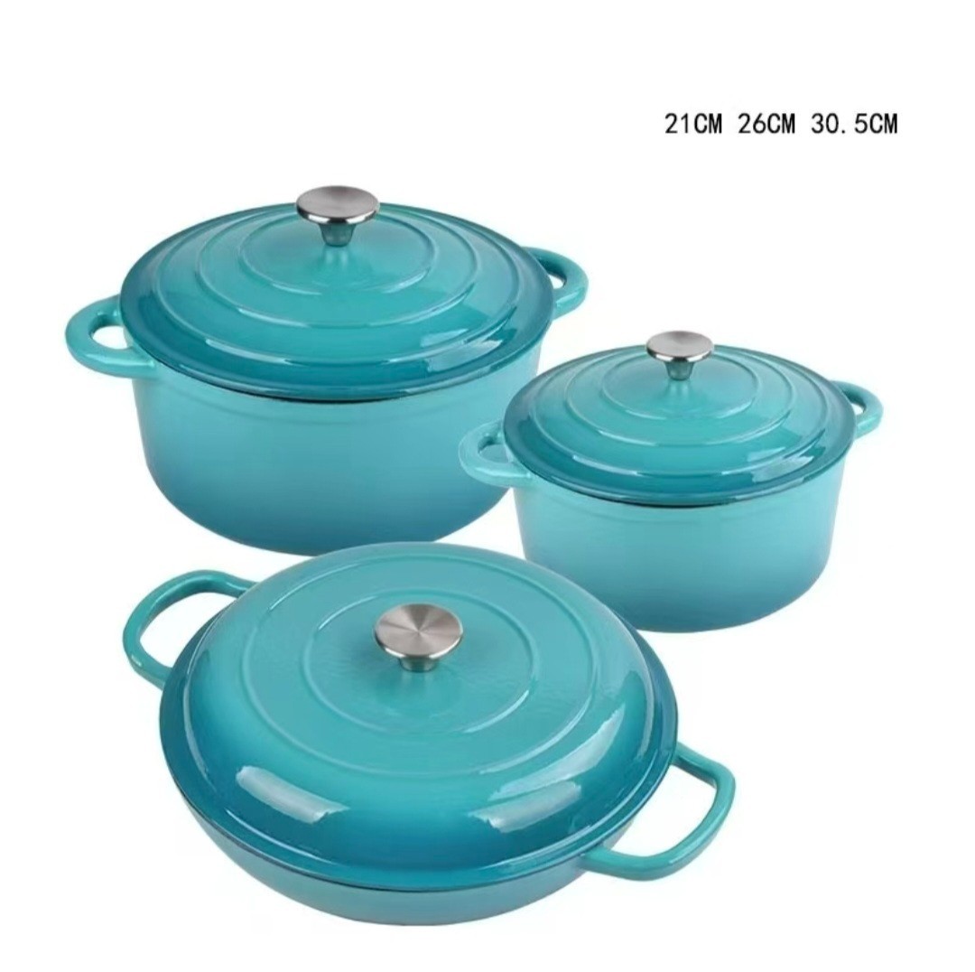 3 Set Enameled Cast Iron Cookware Set Dutch Oven Pots & Casserole Pan w/ Lids