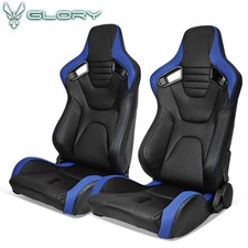 Universal Racing Seat Pair Reclinable Dual Slider Pucarbon Leather Blue Stripe