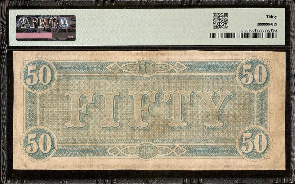 1864 $50 BILL CONFEDERATE STATES NOTE CIVIL WAR MONEY BLACK & WHITE T-66 PMG 30 - Image 2 of 3