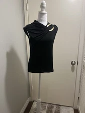 Halston Size S Black Draped Neck Gold Toned Ring Detail Sleeveless Top