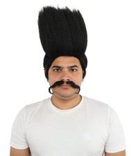 HPO Adult Men's Tall Flat Top Wig  Mustache, Vertical Dark Pompadour with Long