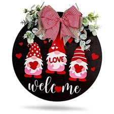 Valentine's Day Gnome Welcome Sign Wooden Love Heart Hanging Sign with Bow