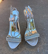 Women  s Silver Faux Leather Rhinestone Strappy Ankle Strap Stiletto, 7