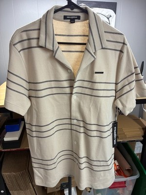 Karl Lagerfeld Paris Men s Striped Knit Button-Up Shirt Beige Black Size M NWT