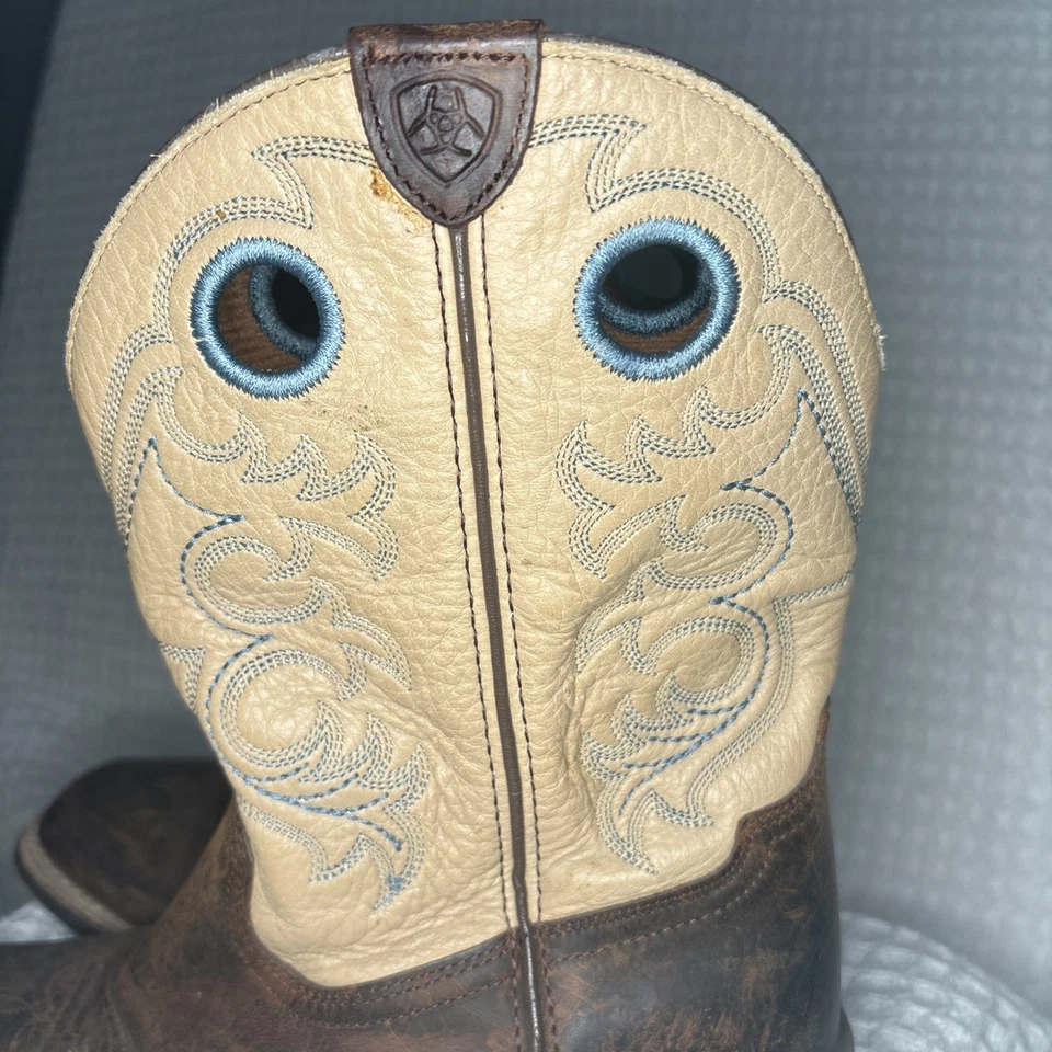 Ariat Botas de Rodeo Occidental Marrón Tostado Cuero Azul Costuras Niños Grandes Talla 3.5 Foto 4 de 4