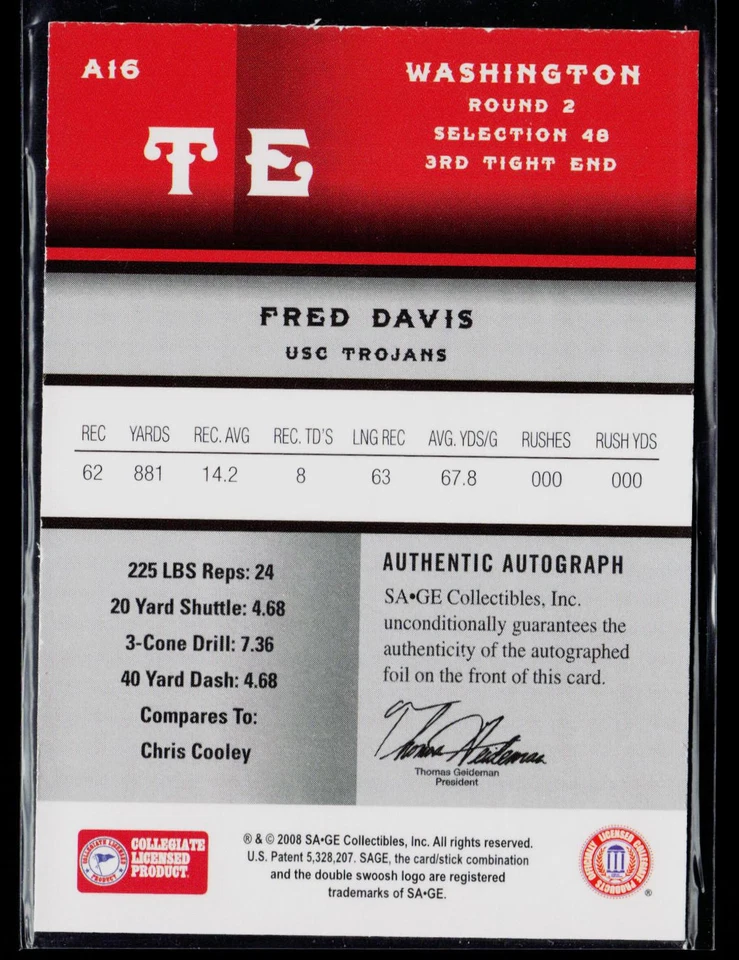 2008 SAGE #A16 Fred Davis Autographs Red - Image 2 of 2