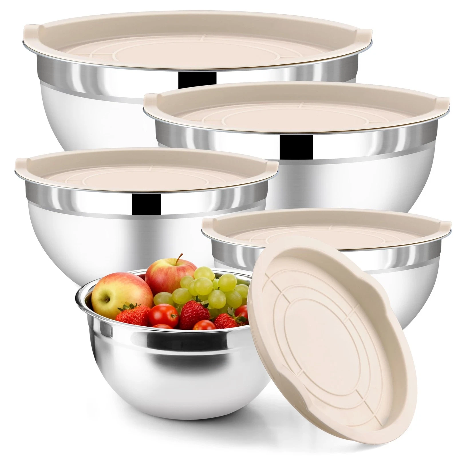 5 Piece Stainless Steel Mixing Bowls with Lids Set - Khaki Nesting Metal Mixi...
Opens in a new wind