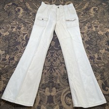Vtg 70s Grape Vines Cargo Flare Wide Leg Beige Pants Juniors Size 32x33