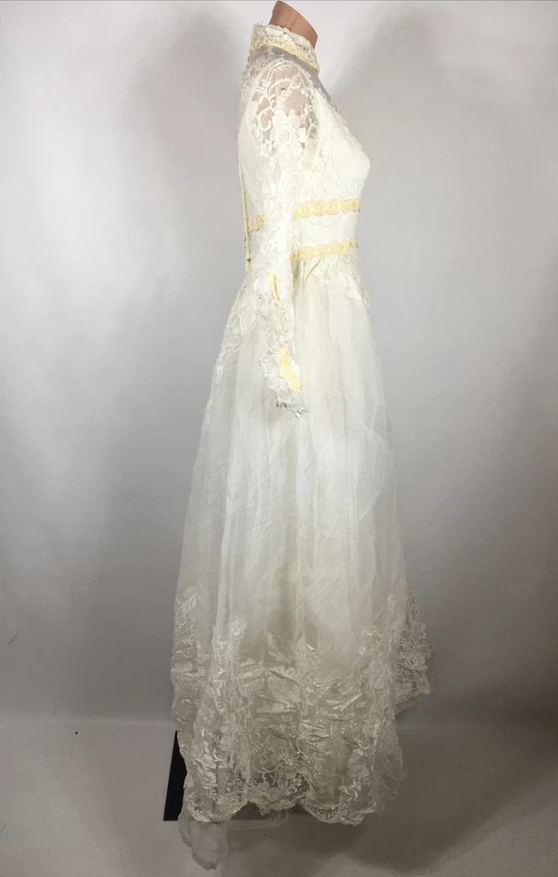 VTG 60s Alfred Angelo Ruffle Puffy Prairie L/S High Neck Wedding Dress Lace S/M - Image 4 of 4