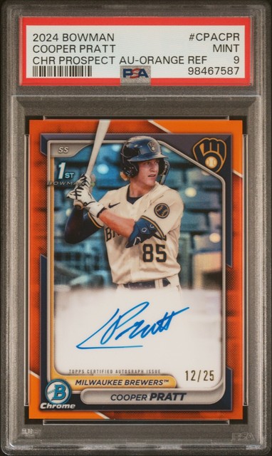 COOPER PRATT PSA 9 2024 BOWMAN CHROME PROSPECT ORANGE REFRACTOR AUTO /25