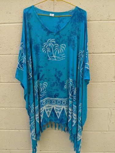 ISLAND PLANET BEACH COVERUP Palm Tree Aqua Blue with Fringe 100% Rayon