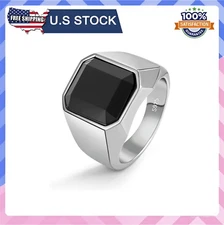 925 Sterling Silver Men Black Onyx Ring Square Circular Agate Signet Ring For...