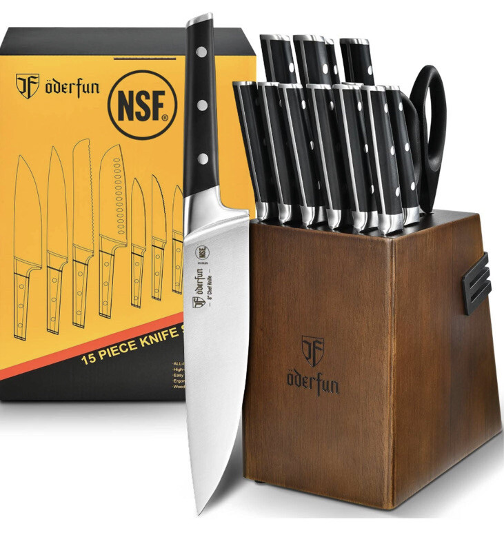 Knife Set with Block, ODERFUN 15 Pcs German Steel Kitchen Knife Set New