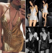 Sexy Women Halter Sleeveless Low Cut Sequin Bling Bodycon Club Party Mini Dress