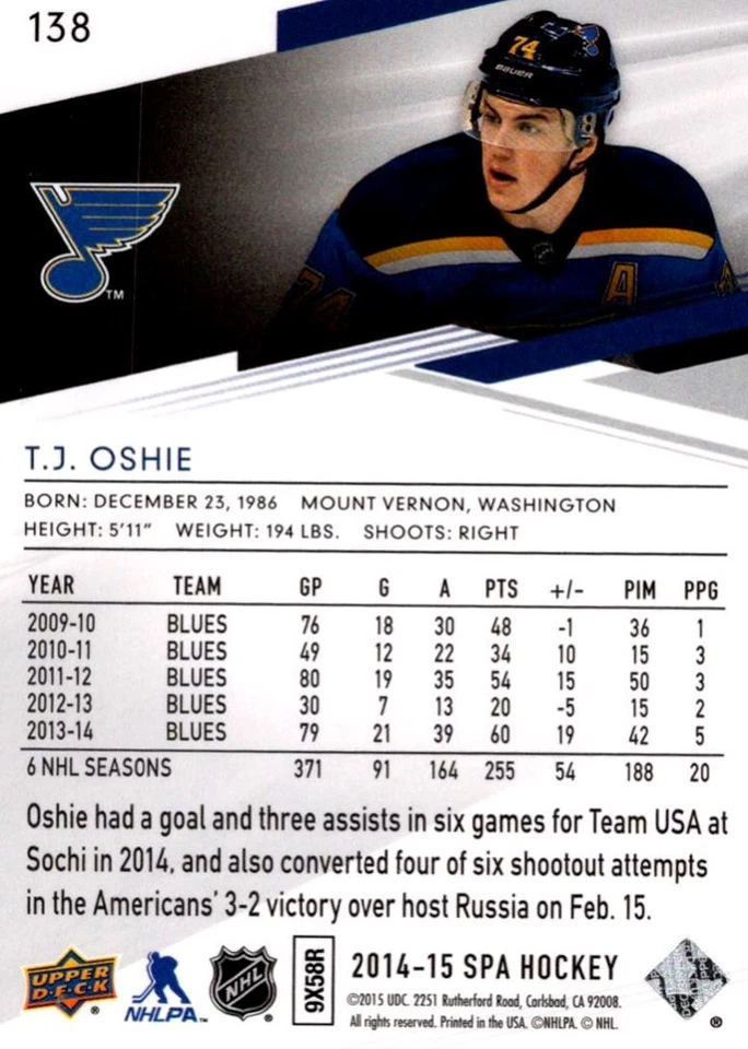 2014-15 SP Authentic T.J. Oshie St. Louis Blues #138 - Image 2 of 2