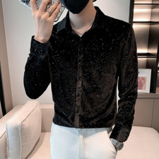 Blusa In Velluto Per Uomo Lucido Retro Elegante Slim Manica Lunga