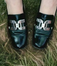 Vintage Archive 90s PRADA Black Leather Loafer Heels With Silver Buckle Sz 37.5