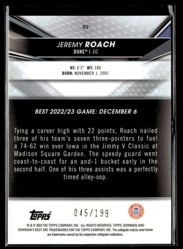 2023-24 Bowmans Best Aqua Lava Jeremy Roach /199 Duke #92 - Picture 2 of 2