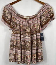 Lucky Brand Ladies’ Bohemian Print Babydoll Top with Flutter Sleeves NWT