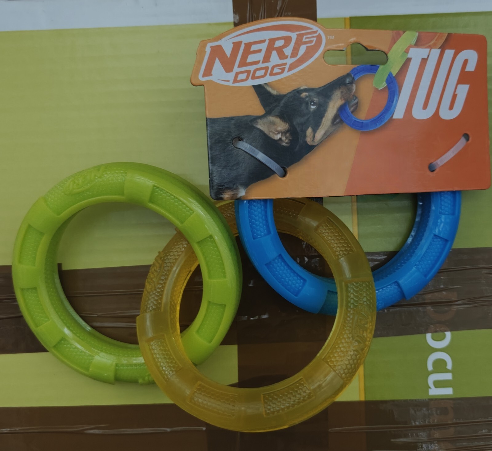 Nerf Dog  Tug TPR Rubber 3 Ring Dog Toy. 13" Water Resistant.
