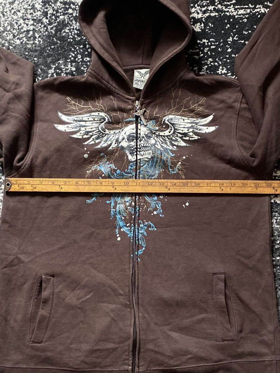 Vintage Avirex Hoodie Men's XL Brown Full Zip Skull Winged Vintage Avirex Hoodie Men's XL Brown Full Zip Skull Winged