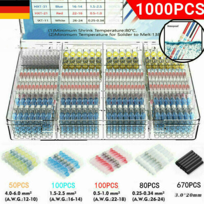 1000 x Lötverbinder Schrumpfverbinder Sortiment Stoßverbinder Kabelverbinder Set