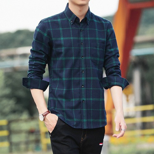 Spring and Autumn Men's Retro Plaid Fashion Casual Long Sleeve Button Shirt Top - Picture 2 of 48