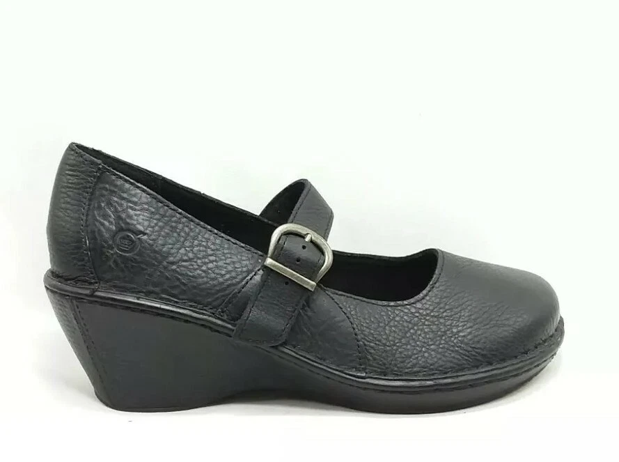 Born Black Platform Wedge Mary Janes Pebbled Leather Heels Clogs Womens 10 M