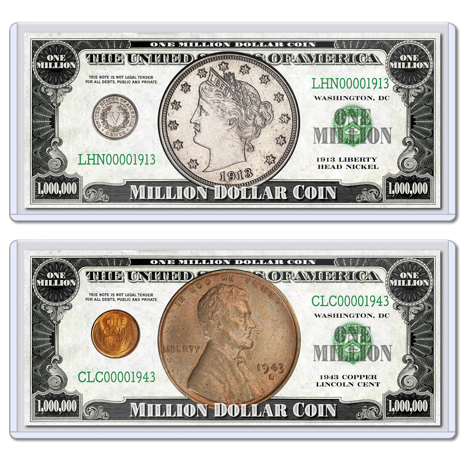 TWO PACK 1913 1943 Million Dollar Coin Novelty Collectible Bills
