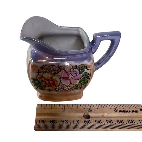 Vintage Peach Lusterware Japan Floral Ceramic Creamer 2 handled lidded Sugar Set - Picture 4 of 21