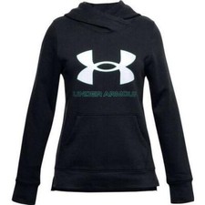 UNDER ARMOUR GIRLS RIVAL FLEECE SWEATSHIRT HOODIE BLACK AQUA LOGO SIZE SMALL