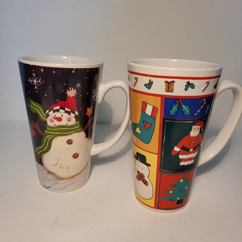 Christmas Mugs Santa Clause Snowman Set of 2 6" Tall Coffee Cocoa Tea