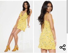 Womens wrap dress size 10 mustard floaty frill floral print tie waist Plt Ladies