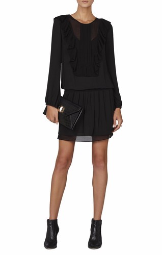 NUEVO VESTIDO BABERO BCBGMAXAZRIA NEGRO KRISTEY PLISADO CON VOLANTES WQR68B98/M688A TALLA XXS - Imagen 3 de 3