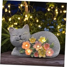 Solar Cat Outdoor Statue, 7.5   Lx3.74   Wx4.5   H Gray With Colorful Flowers