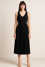 T Tahari Black Pleated Midi Dress XS | Sleeveless Fit & Flare Accordion Skirt
